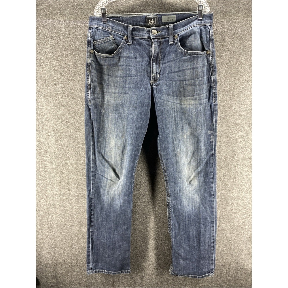 Rock & Republic Jeans Mens 36x34 Blue Mid Rise Straight Stretch Embroidered‎
